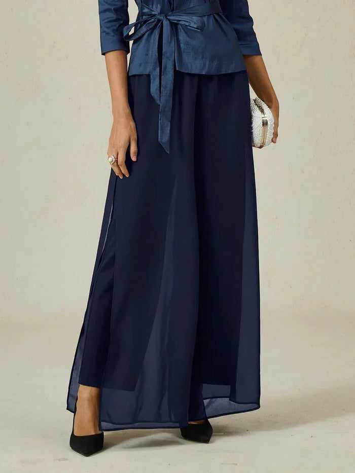 Women's Chiffon Wide-Leg Trousers with Overlay and High Waist - Maisie London
