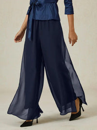 Women's Chiffon Wide-Leg Trousers with Overlay and High Waist - Maisie London