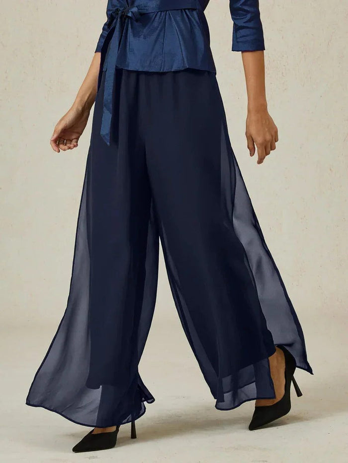 Women's Chiffon Wide-Leg Trousers with Overlay and High Waist - Maisie London