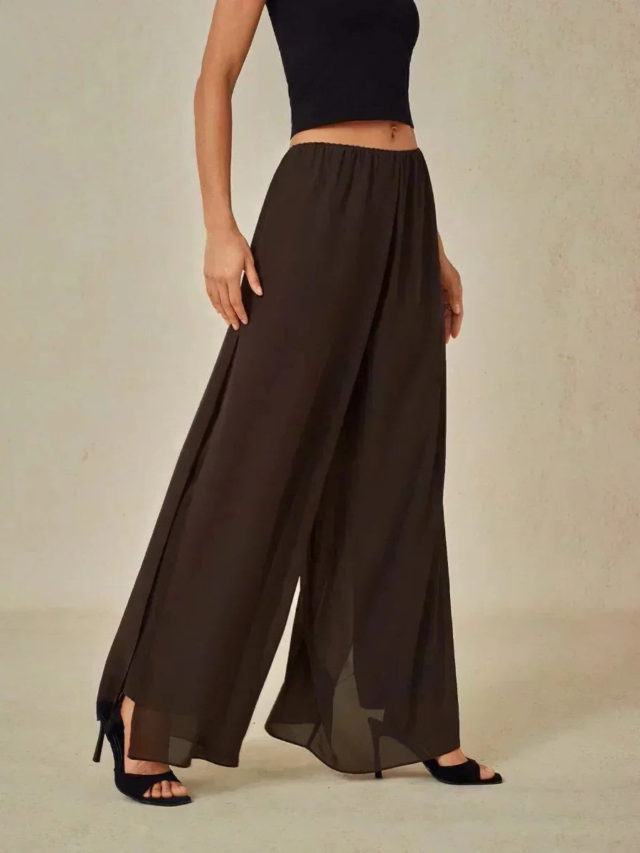 Women's Chiffon Wide-Leg Trousers with Overlay and High Waist - Maisie London