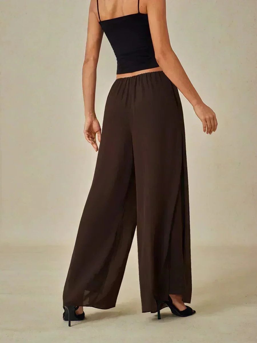 Women's Chiffon Wide-Leg Trousers with Overlay and High Waist - Maisie London