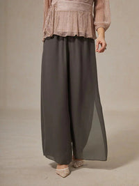 Women's Chiffon Wide-Leg Trousers with Overlay and High Waist - Maisie London