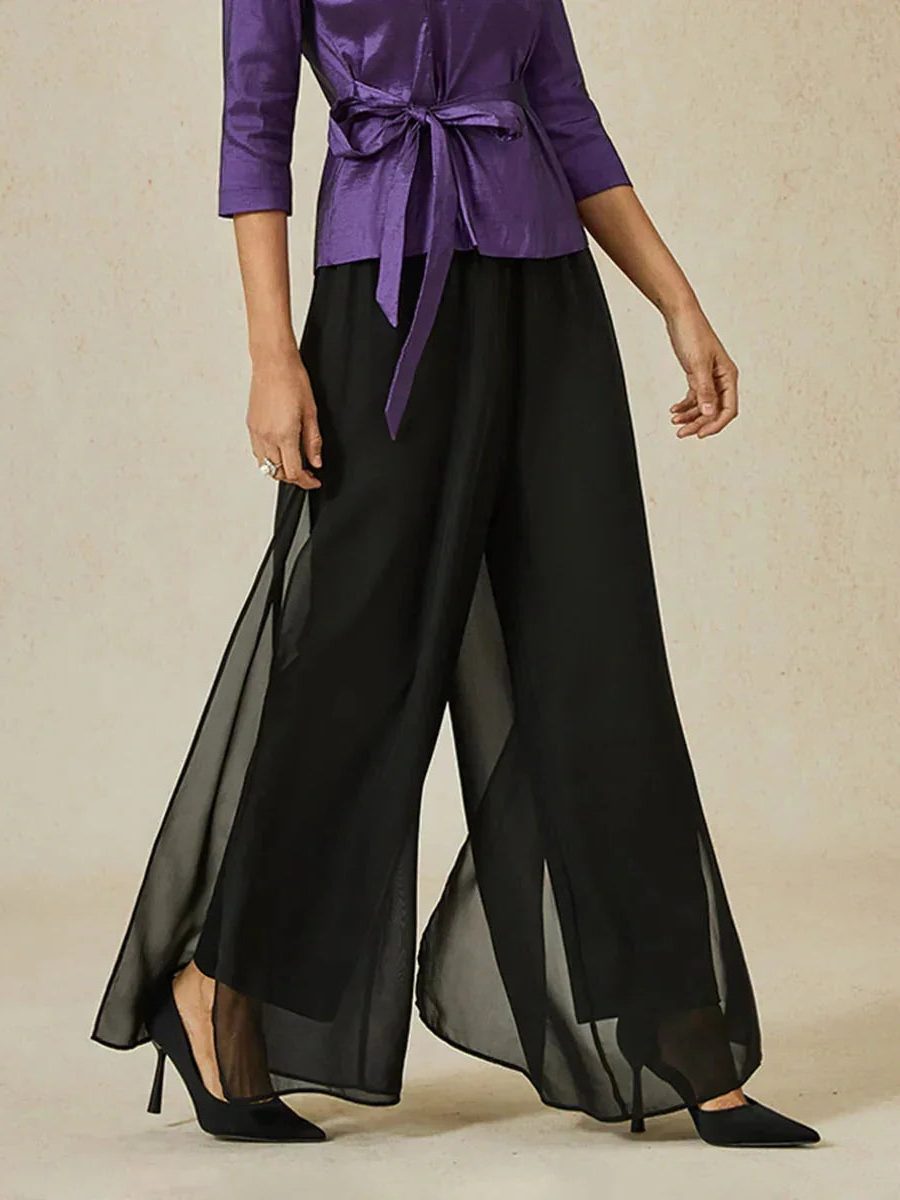 Women's Chiffon Wide-Leg Trousers with Overlay and High Waist - Maisie London