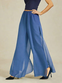 Women's Chiffon Wide-Leg Trousers with Overlay and High Waist - Maisie London
