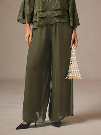 Women's Chiffon Wide-Leg Trousers with Overlay and High Waist - Maisie London