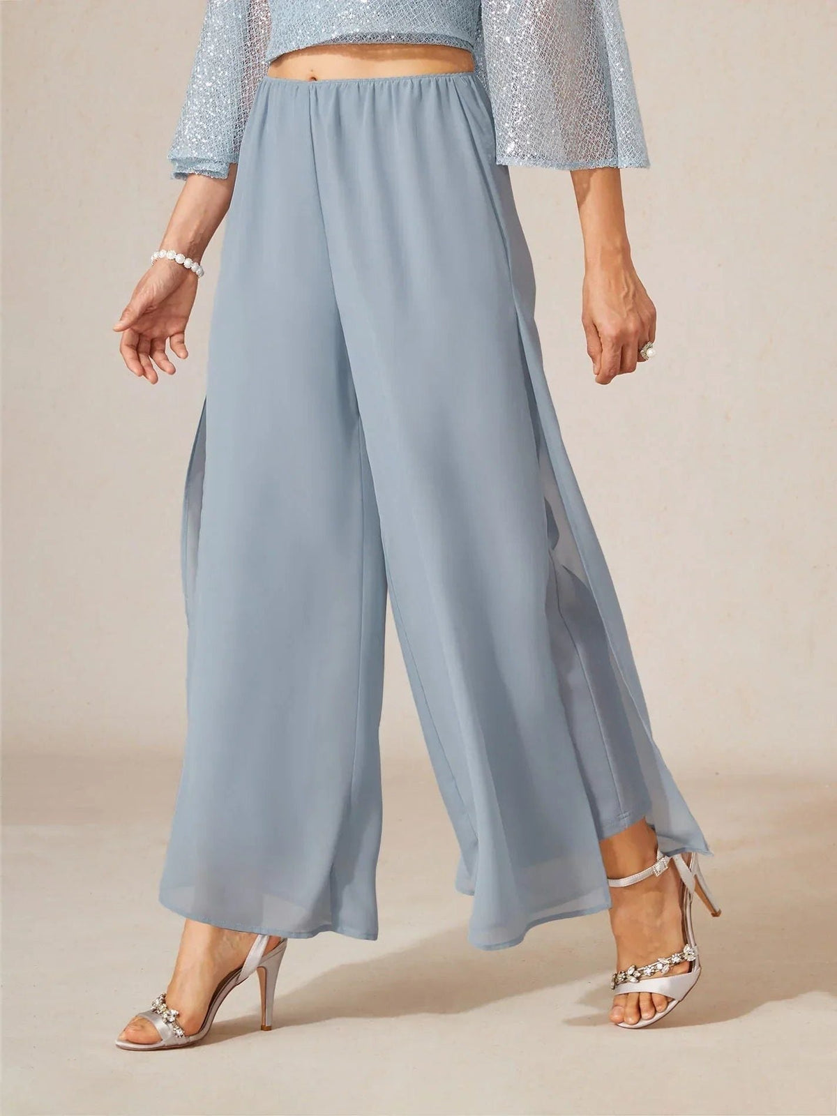 Women's Chiffon Wide-Leg Trousers with Overlay and High Waist - Maisie London