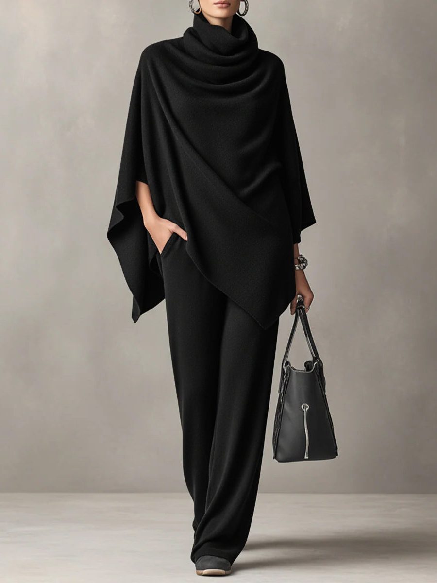 Women's Knitted Wide-Leg Co-ord Set with Cowl Neck and Cape Sleeves - Maisie London