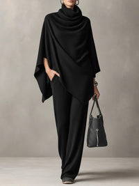 Women's Knitted Wide-Leg Co-ord Set with Cowl Neck and Cape Sleeves - Maisie London
