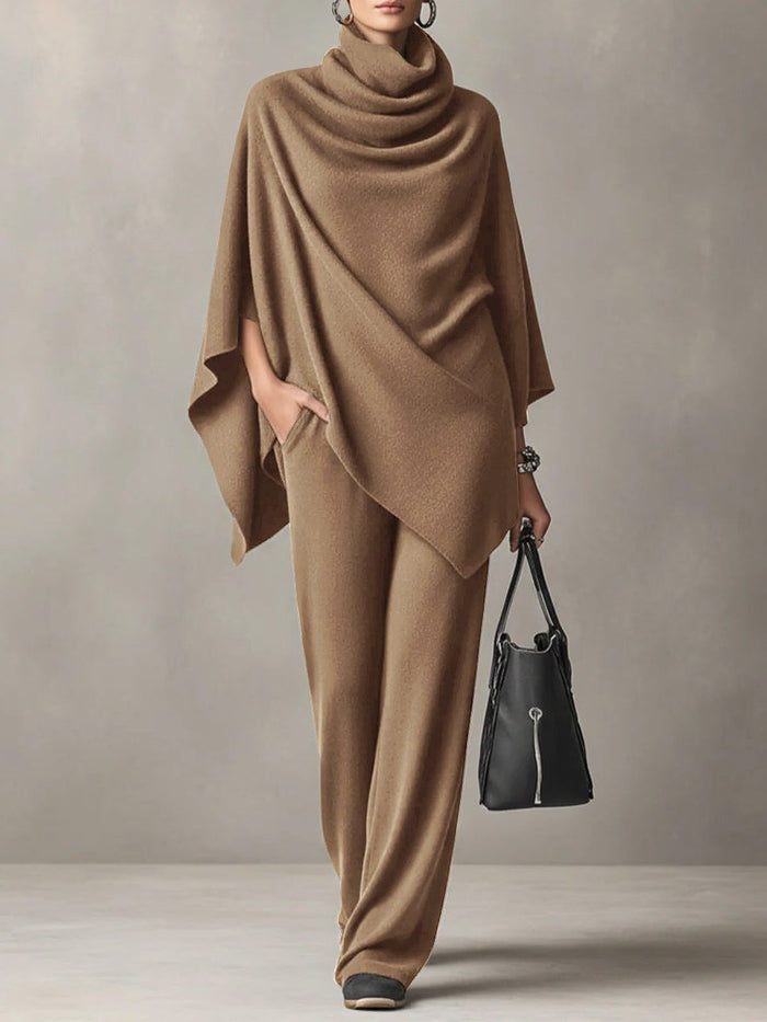 Women's Knitted Wide-Leg Co-ord Set with Cowl Neck and Cape Sleeves - Maisie London