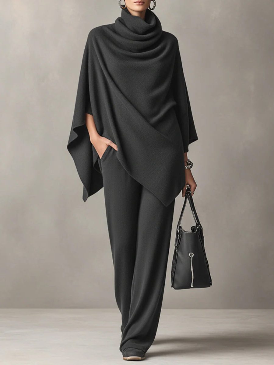 Women's Knitted Wide-Leg Co-ord Set with Cowl Neck and Cape Sleeves - Maisie London