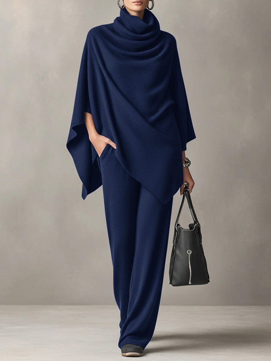 Women's Knitted Wide-Leg Co-ord Set with Cowl Neck and Cape Sleeves - Maisie London