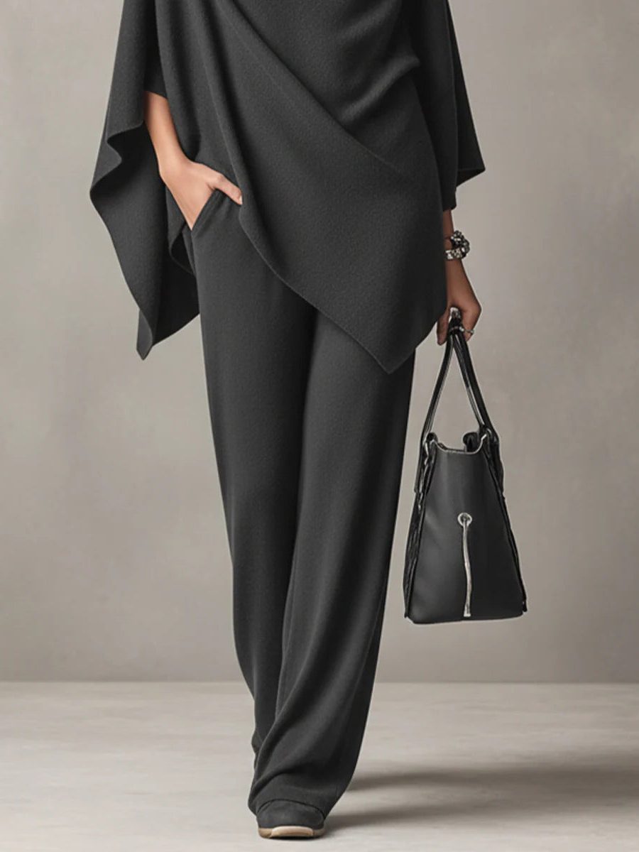 Women's Knitted Wide-Leg Co-ord Set with Cowl Neck and Cape Sleeves - Maisie London