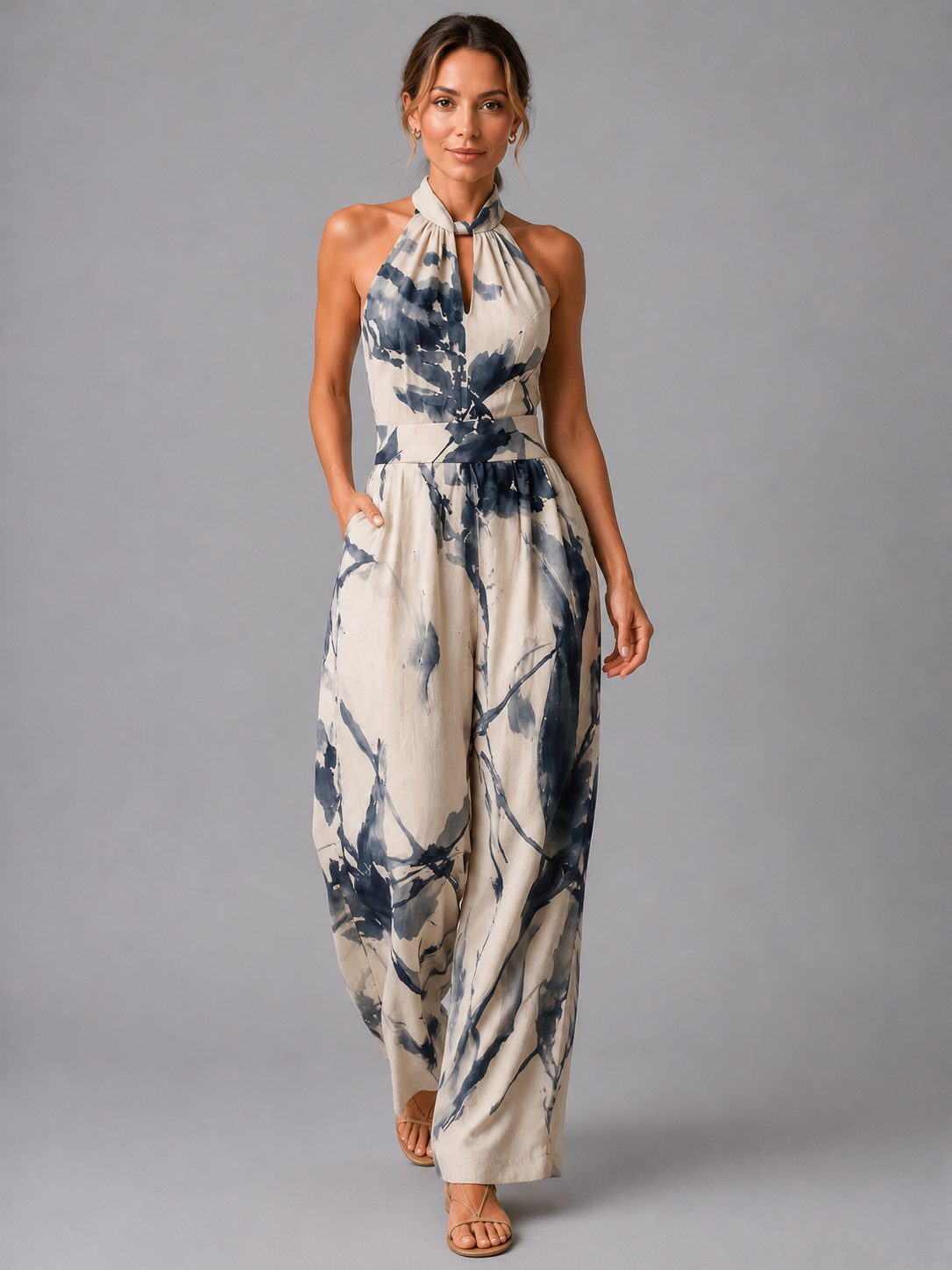 Women's Linen-Look Wide-Leg Jumpsuit with Halter Neck and Pockets - Maisie London