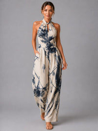Women's Linen-Look Wide-Leg Jumpsuit with Halter Neck and Pockets - Maisie London