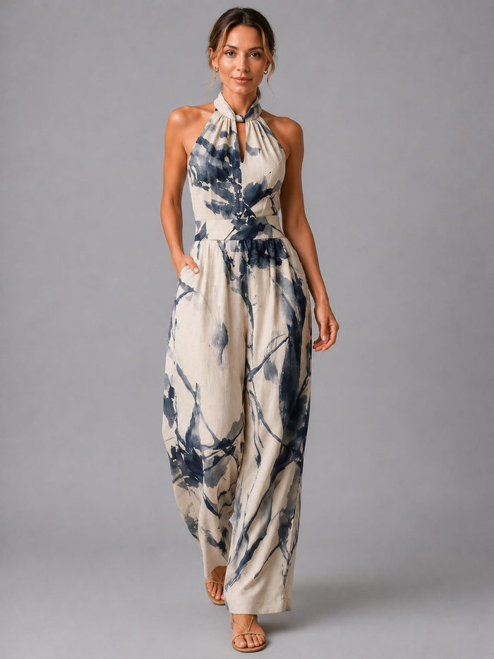 Women's Linen-Look Wide-Leg Jumpsuit with Halter Neck and Pockets - Maisie London