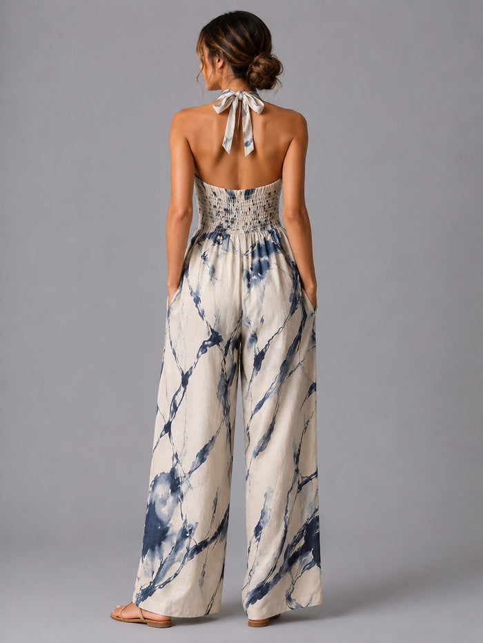 Women's Linen-Look Wide-Leg Jumpsuit with Halter Neck and Pockets - Maisie London