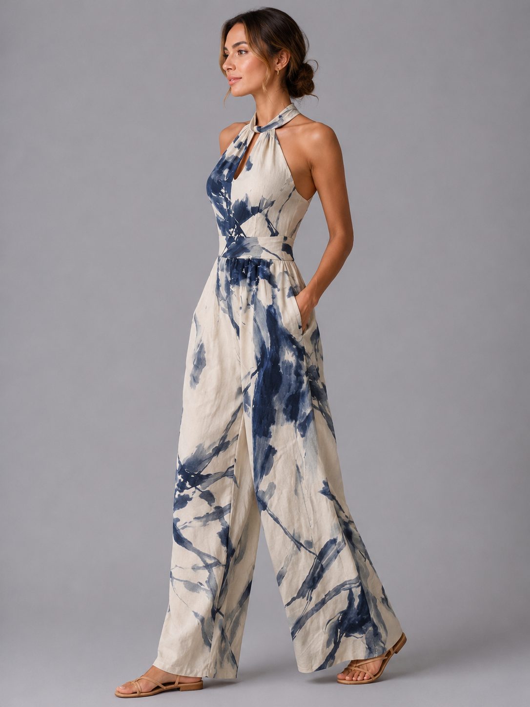 Women's Linen-Look Wide-Leg Jumpsuit with Halter Neck and Pockets - Maisie London