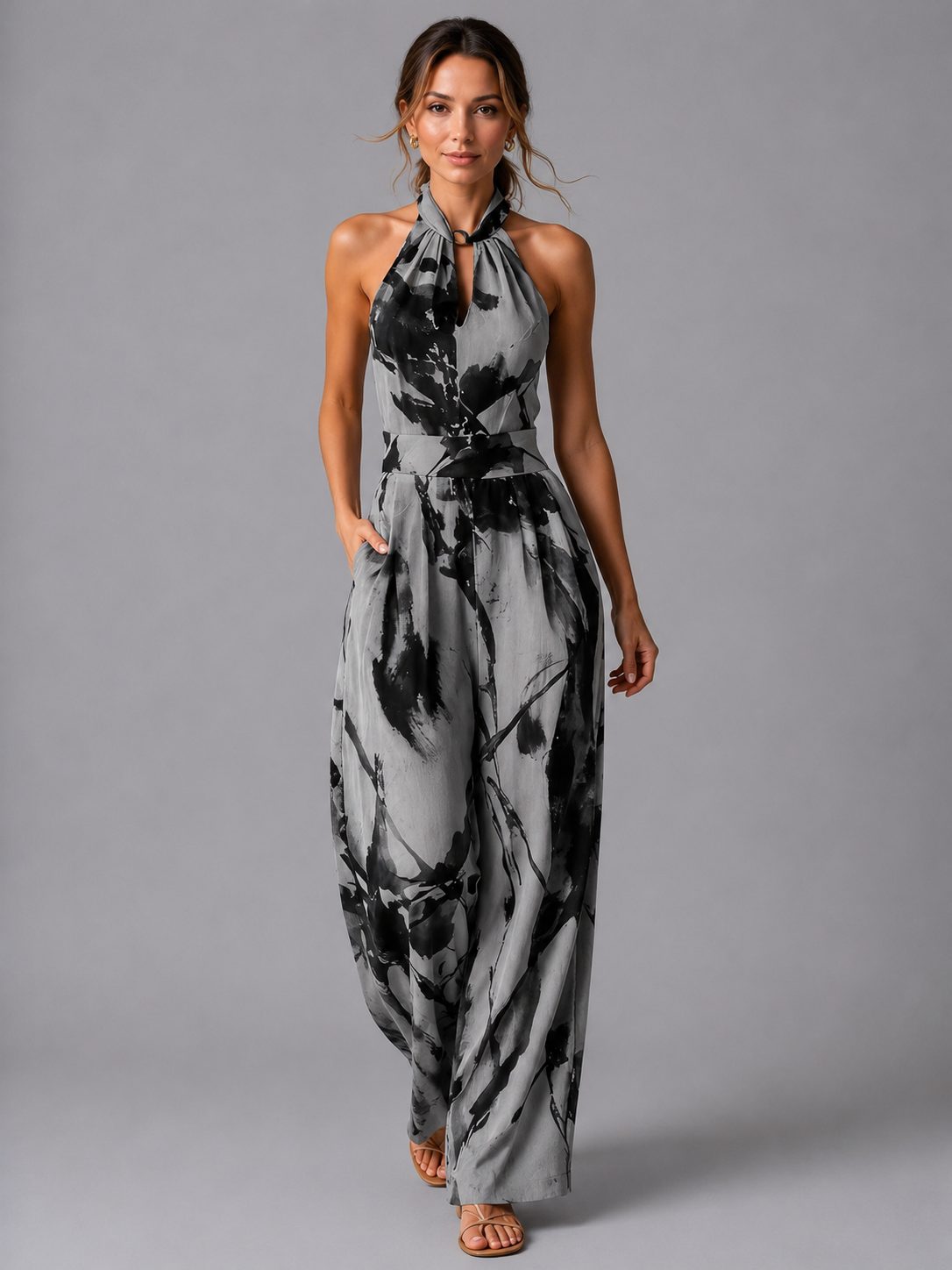 Women's Linen-Look Wide-Leg Jumpsuit with Halter Neck and Pockets - Maisie London