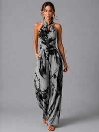 Women's Linen-Look Wide-Leg Jumpsuit with Halter Neck and Pockets - Maisie London
