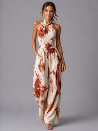 Women's Linen-Look Wide-Leg Jumpsuit with Halter Neck and Pockets - Maisie London