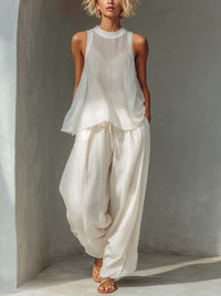 Women's Cream Chiffon Wide-Leg Trouser Co-ord Set with Drawstring - Maisie London