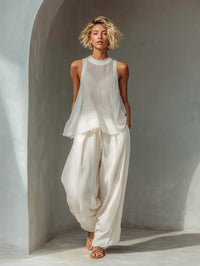 Women's Cream Chiffon Wide-Leg Trouser Co-ord Set with Drawstring - Maisie London