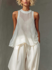 Women's Cream Chiffon Wide-Leg Trouser Co-ord Set with Drawstring - Maisie London