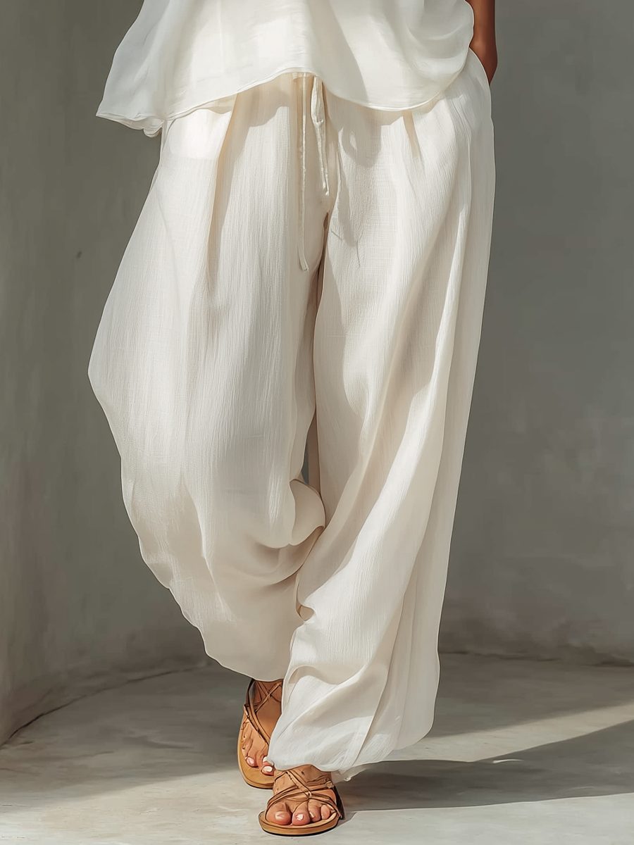 Women's Cream Chiffon Wide-Leg Trouser Co-ord Set with Drawstring - Maisie London