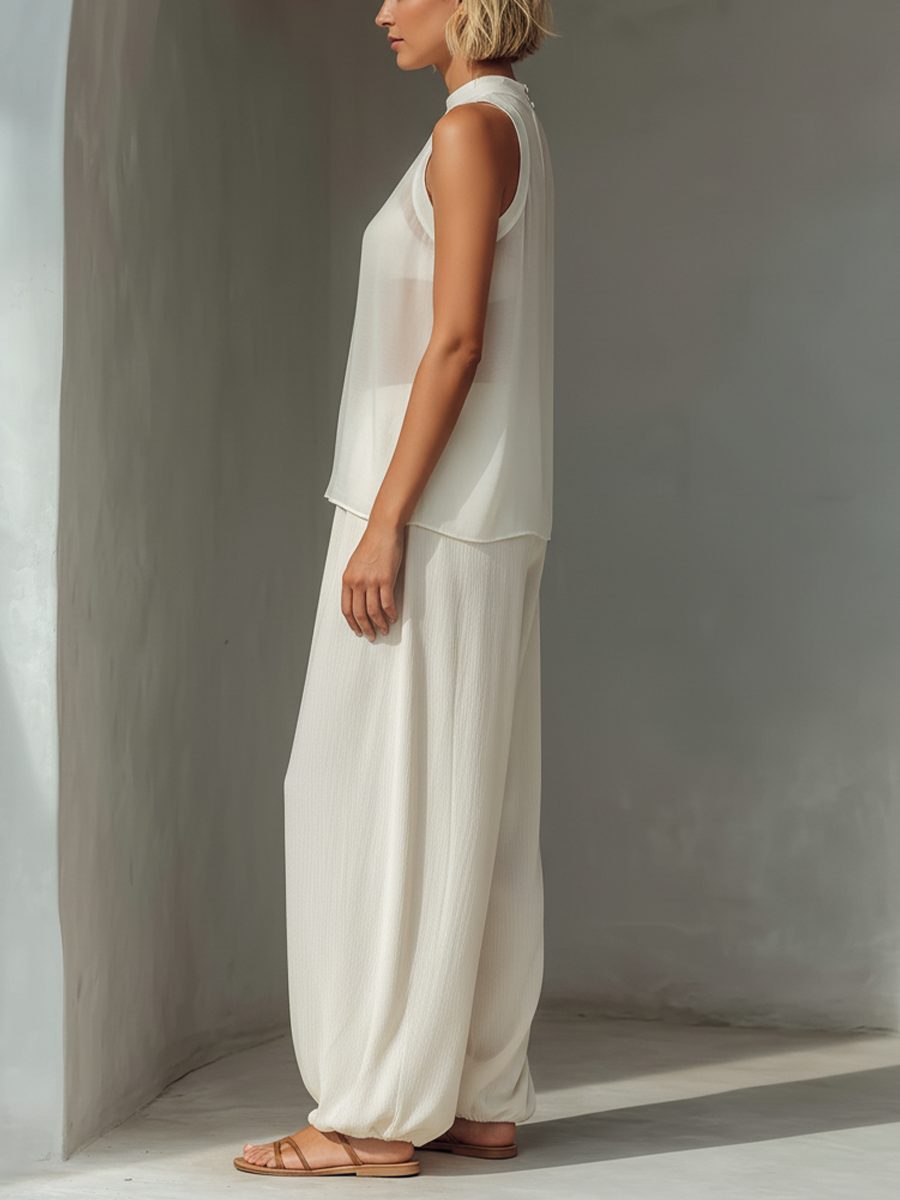 Women's Cream Chiffon Wide-Leg Trouser Co-ord Set with Drawstring - Maisie London