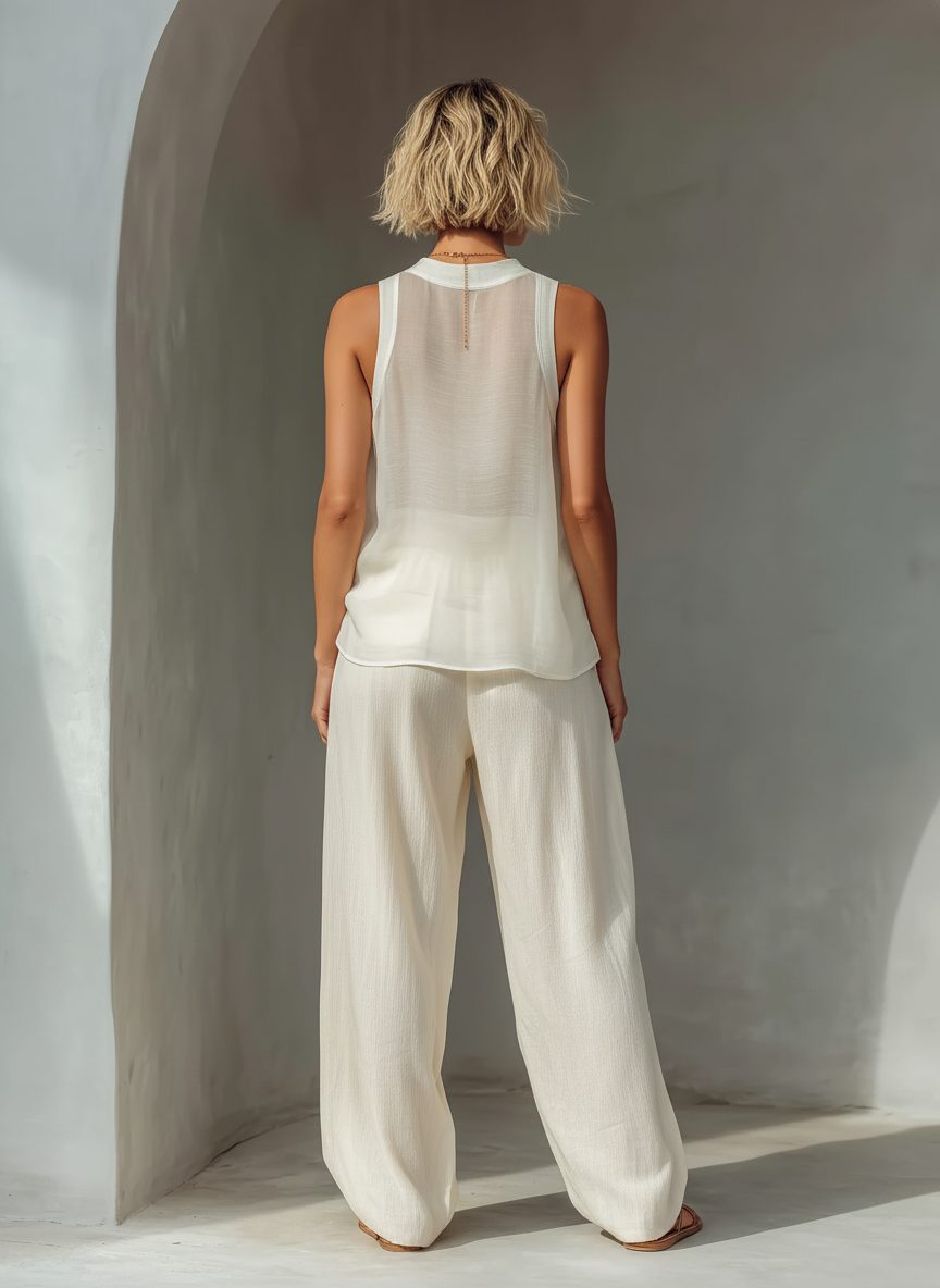 Women's Cream Chiffon Wide-Leg Trouser Co-ord Set with Drawstring - Maisie London