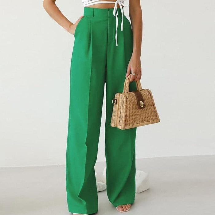 Women's High-Waisted Wide-Leg Trousers with Front Pleats and Pockets - Maisie London
