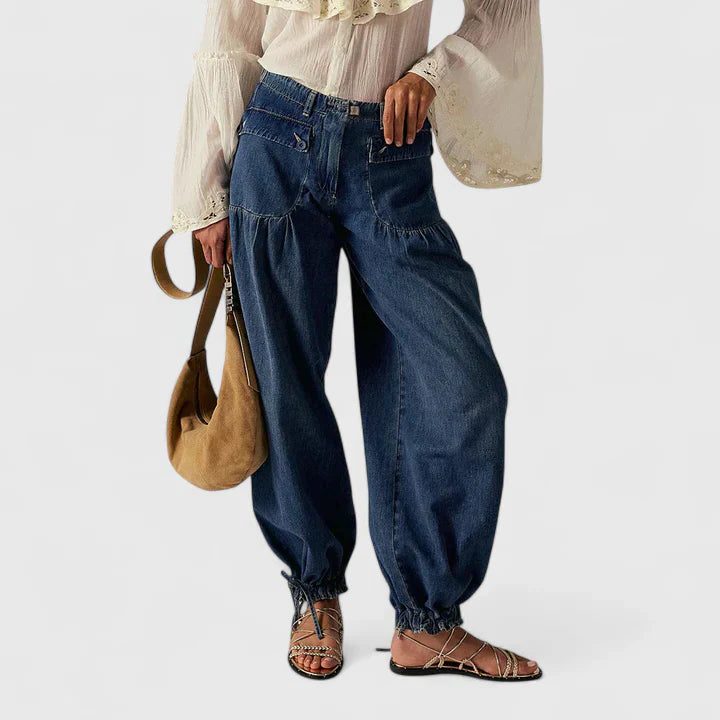 Women's Denim Wide-Leg Trousers with Gathered Ankle Ties - Maisie London