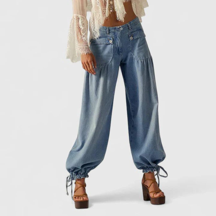 Women's Denim Wide-Leg Trousers with Gathered Ankle Ties - Maisie London