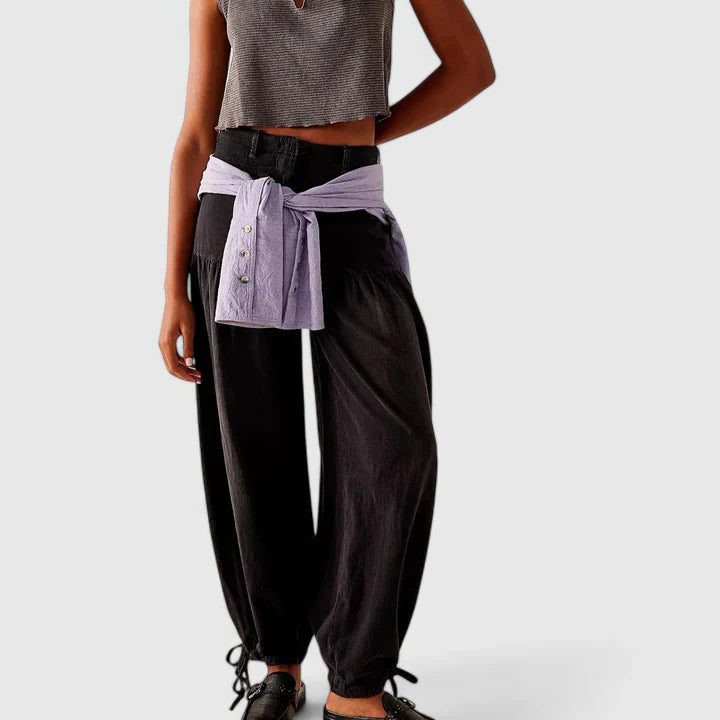 Women's Denim Wide-Leg Trousers with Gathered Ankle Ties - Maisie London