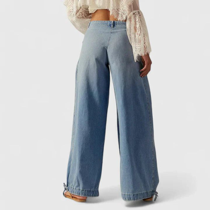 Women's Denim Wide-Leg Trousers with Gathered Ankle Ties - Maisie London