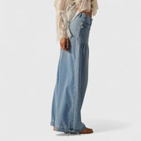 Women's Denim Wide-Leg Trousers with Gathered Ankle Ties - Maisie London