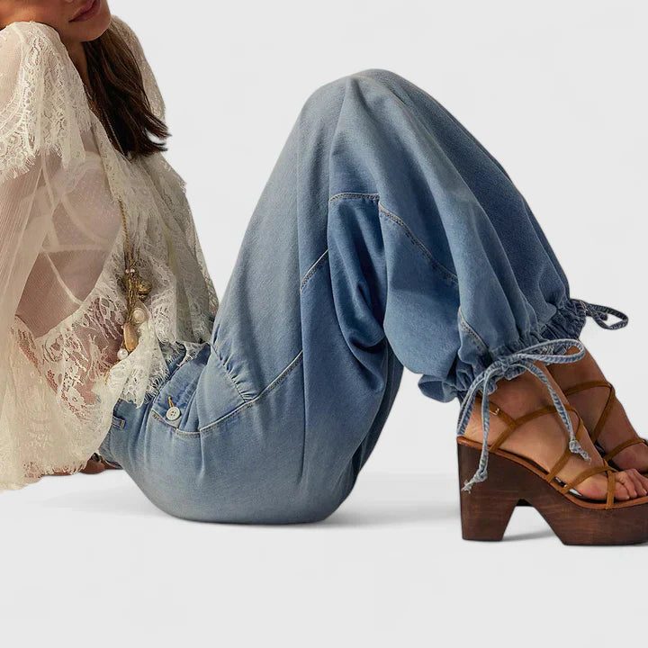 Women's Denim Wide-Leg Trousers with Gathered Ankle Ties - Maisie London