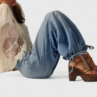Women's Denim Wide-Leg Trousers with Gathered Ankle Ties - Maisie London