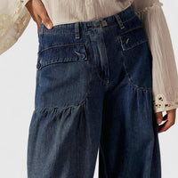 Women's Denim Wide-Leg Trousers with Gathered Ankle Ties - Maisie London