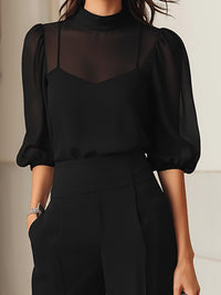 Women's Black Wide-Leg Jumpsuit with Puff Sleeves and Sheer Yoke - Maisie London