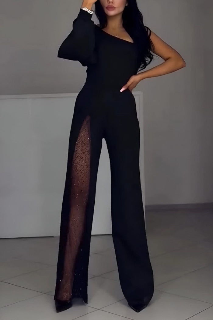 Women's Black Wide-Leg Jumpsuit with One-Shoulder and Leg Split - Maisie London