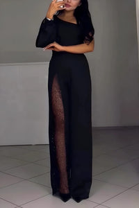 Women's Black Wide-Leg Jumpsuit with One-Shoulder and Leg Split - Maisie London