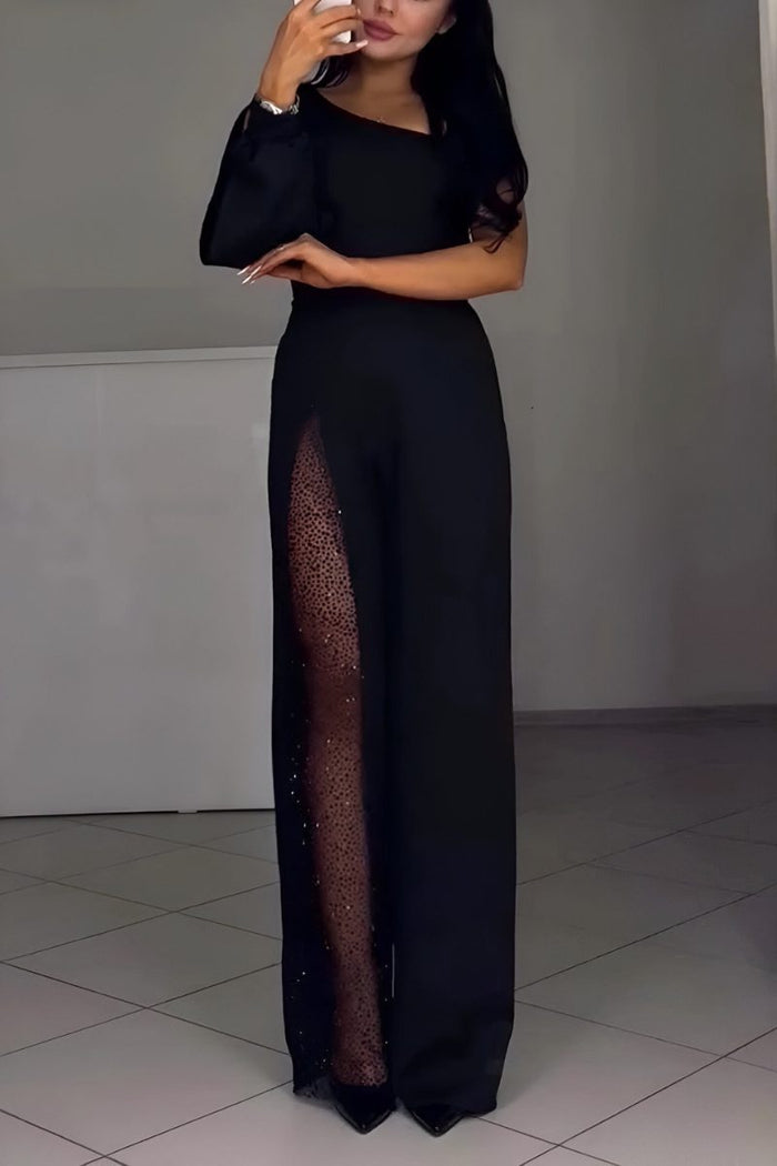 Women's Black Wide-Leg Jumpsuit with One-Shoulder and Leg Split - Maisie London