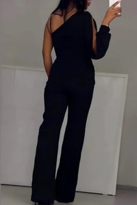 Women's Black Wide-Leg Jumpsuit with One-Shoulder and Leg Split - Maisie London