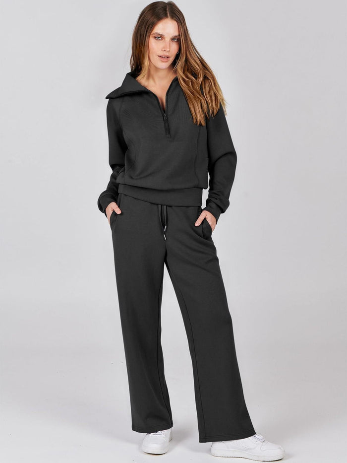 Women's Wide-Leg Jogger Co-ord Set with Half-Zip Collar and Pockets - Maisie London
