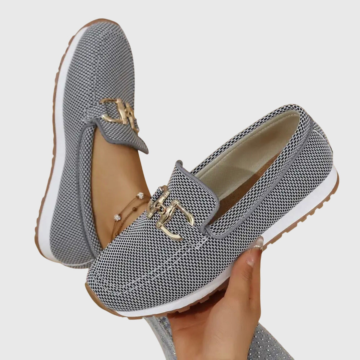 Women's Woven Mesh Slip-On Loafers with Gold Bar and Chunky Sole - Maisie London