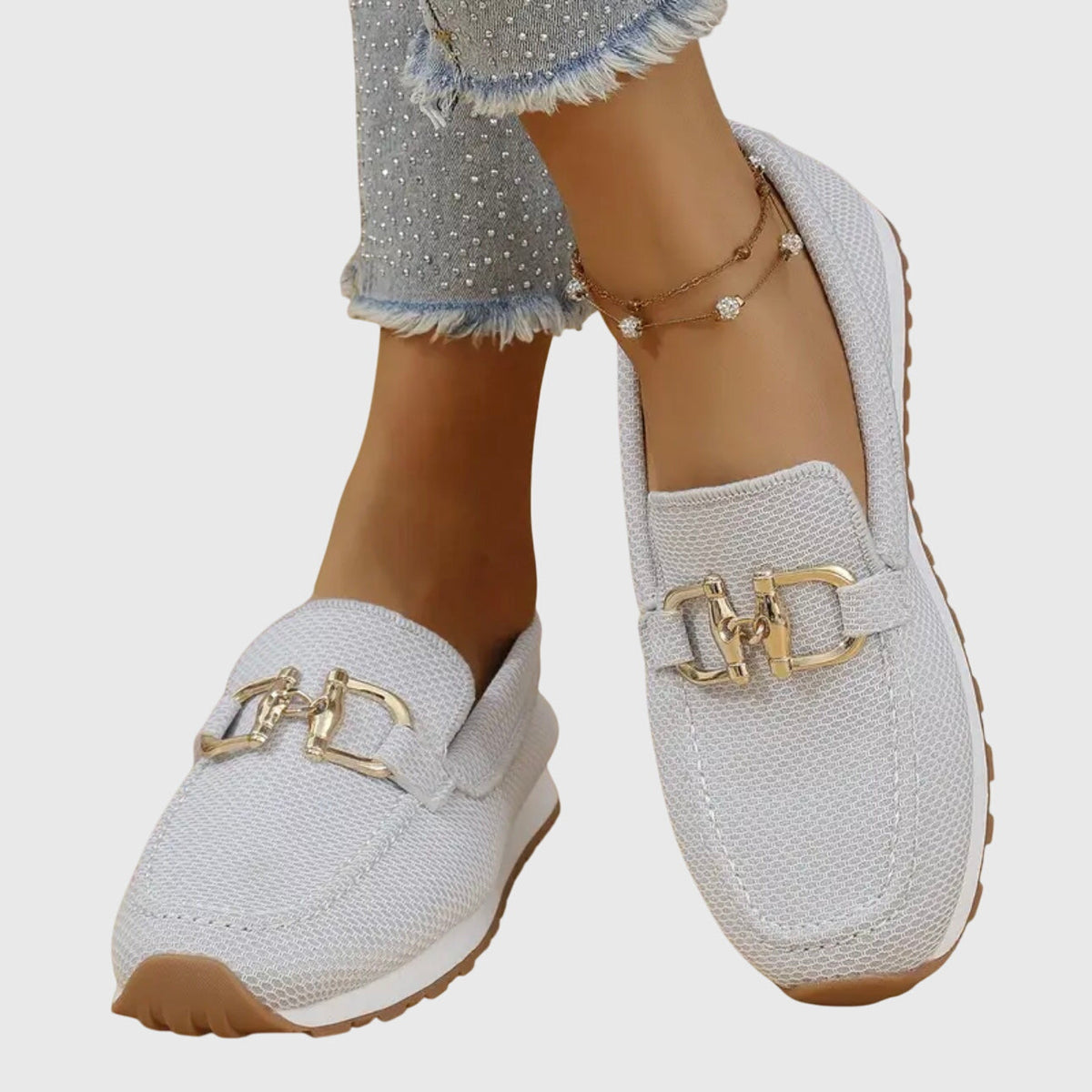 Women's Woven Mesh Slip-On Loafers with Gold Bar and Chunky Sole - Maisie London