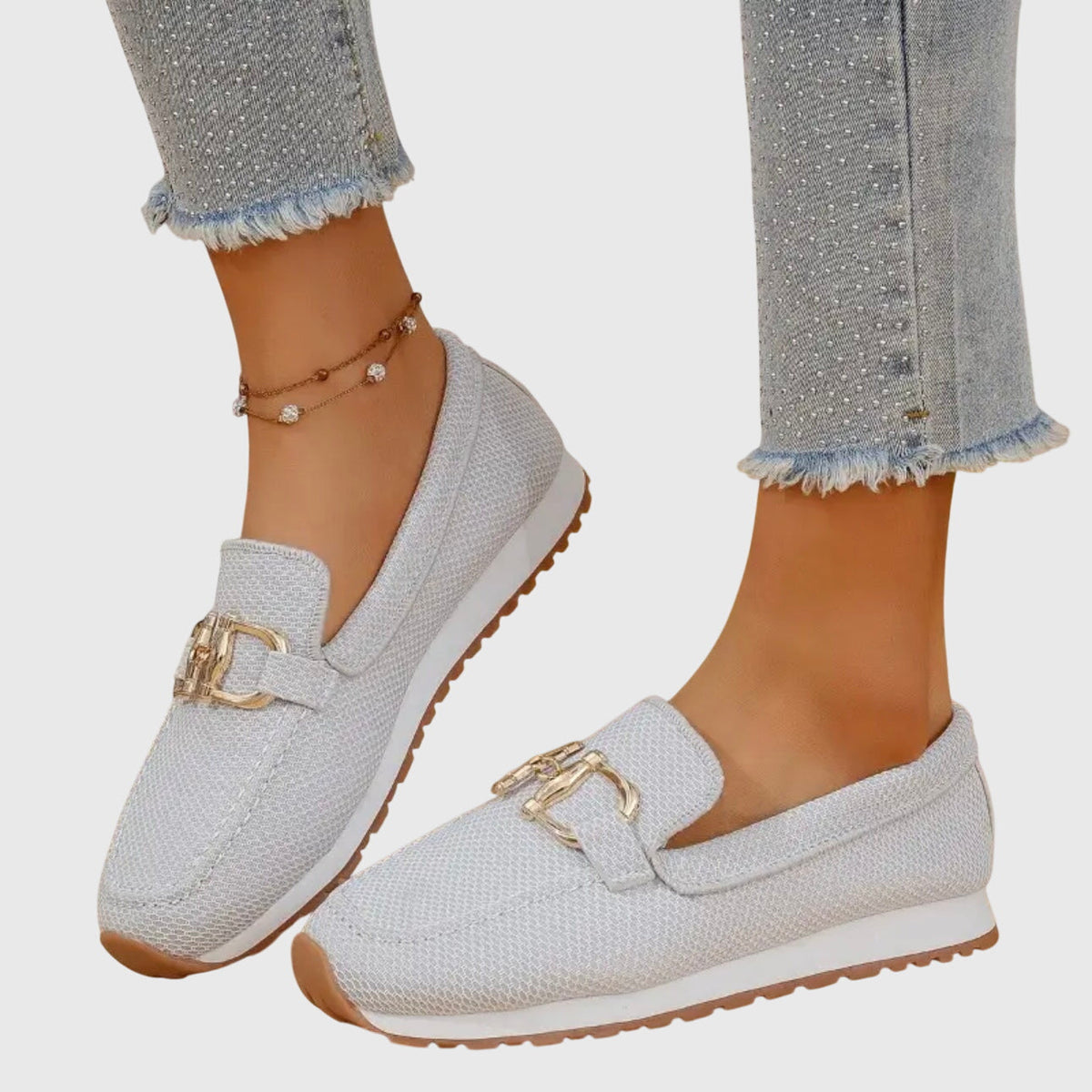 Women's Woven Mesh Slip-On Loafers with Gold Bar and Chunky Sole - Maisie London