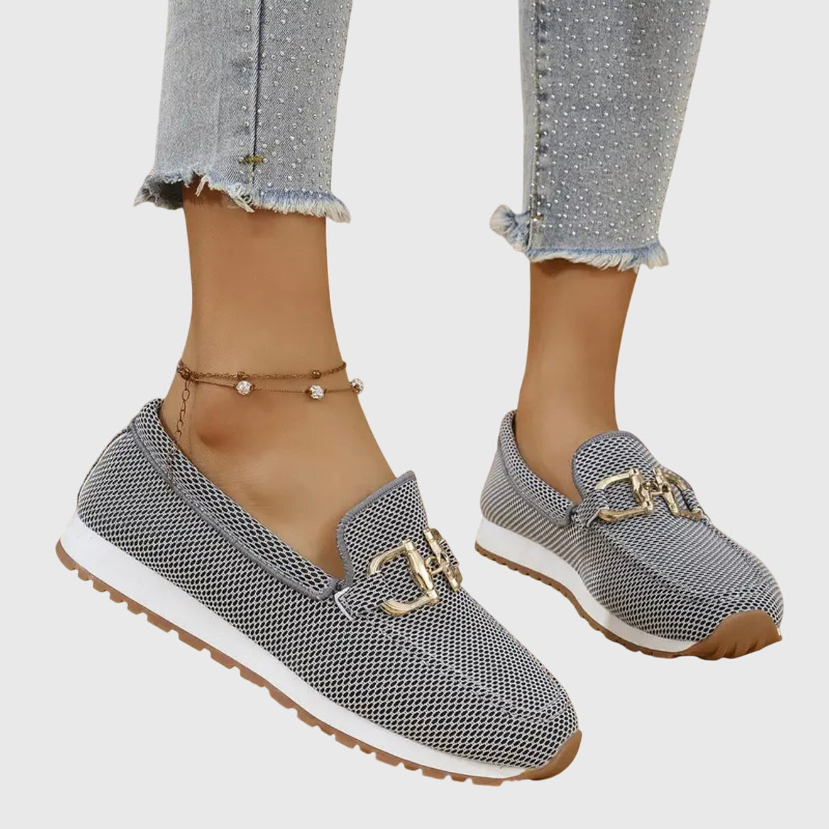 Women's Woven Mesh Slip-On Loafers with Gold Bar and Chunky Sole - Maisie London