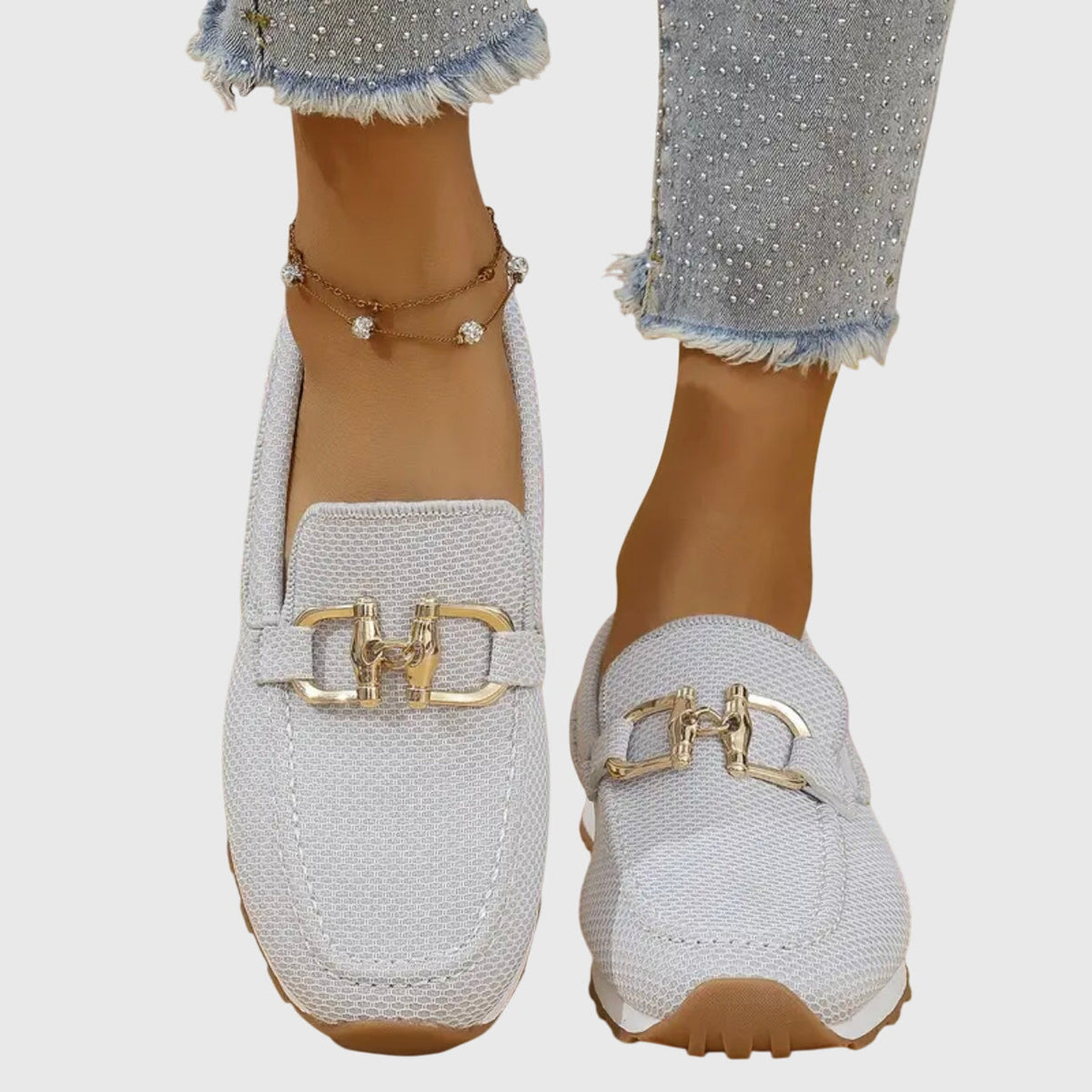 Women's Woven Mesh Slip-On Loafers with Gold Bar and Chunky Sole - Maisie London